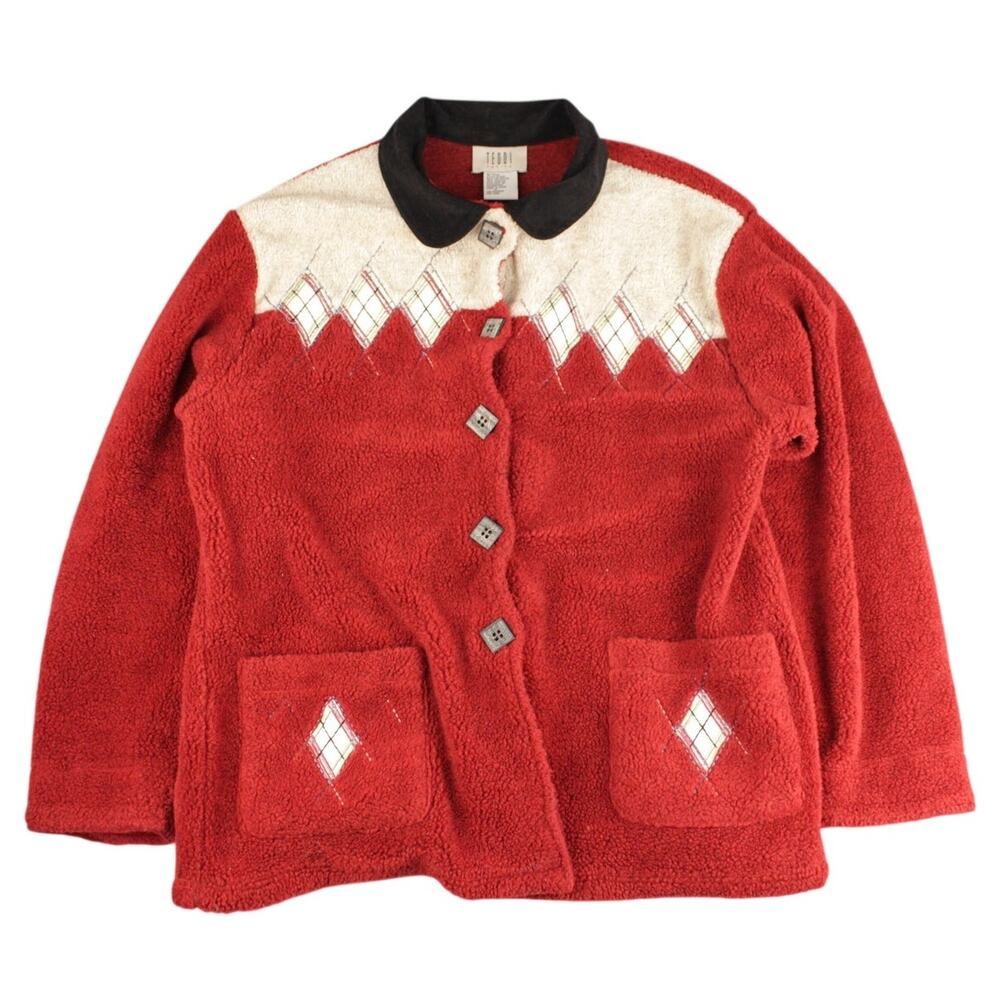 Teddi Petite Brick Red Fleece Cardigan Argyle‎ Button Front Womens PL